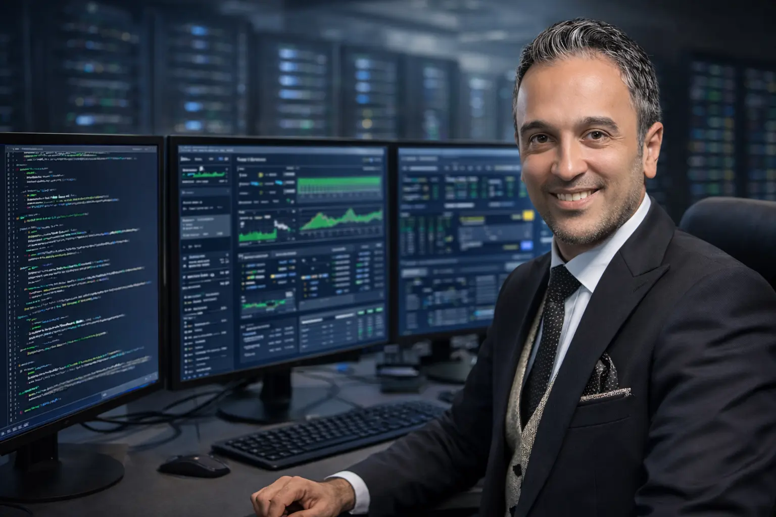 Hesam Nejati at a workstation with monitors and data center environment